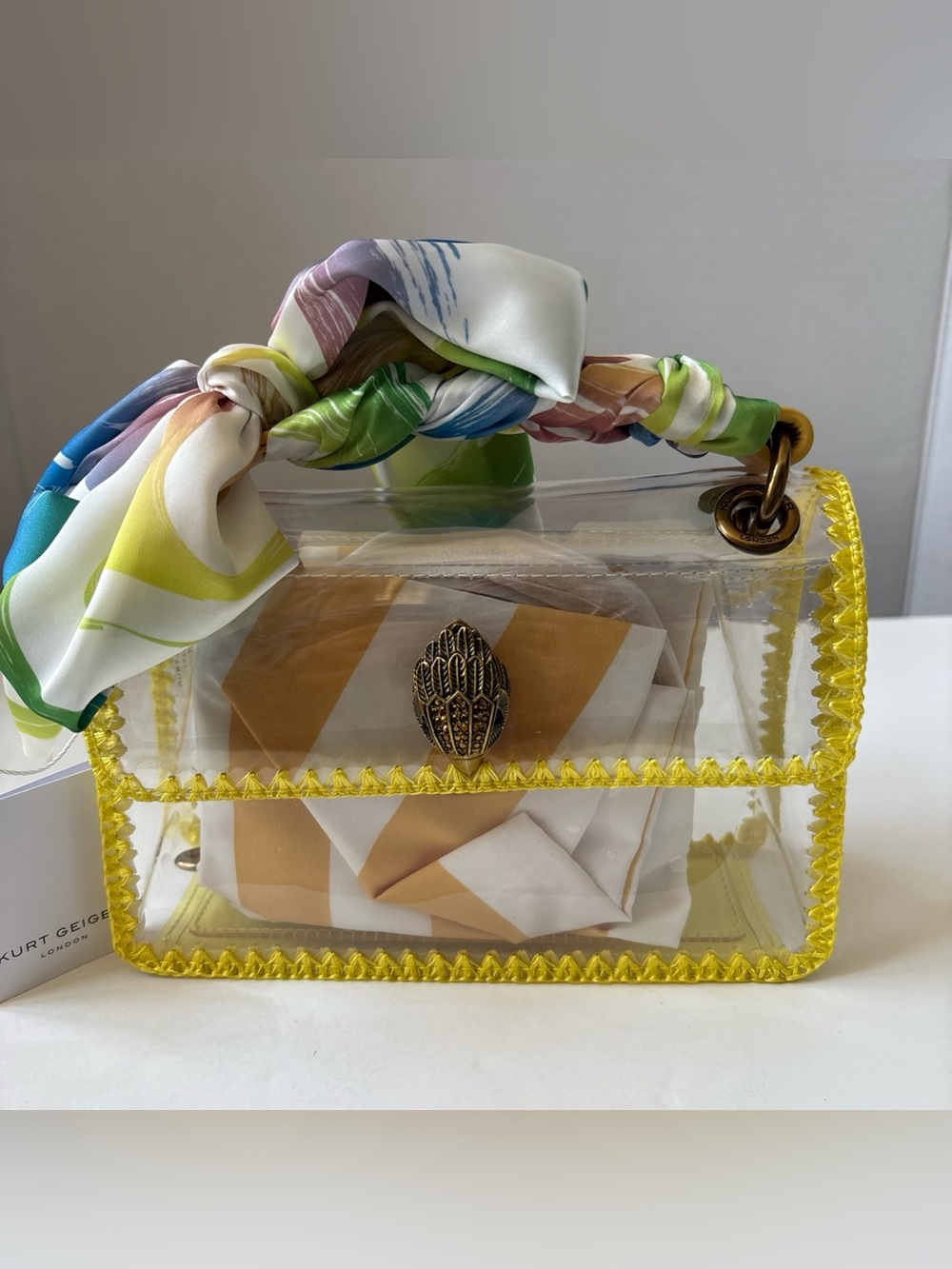 Kurt Geiger London Vinyl Clear/Yellow/Multi Mini Kensington Crossbody Bag New